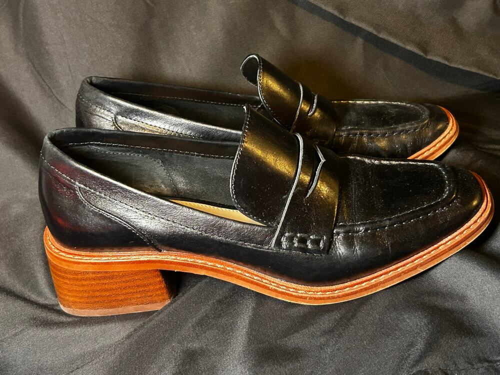Vince Camuto Eckinti Black Leather Penny Loafers Block Heel Women's Size 7.5